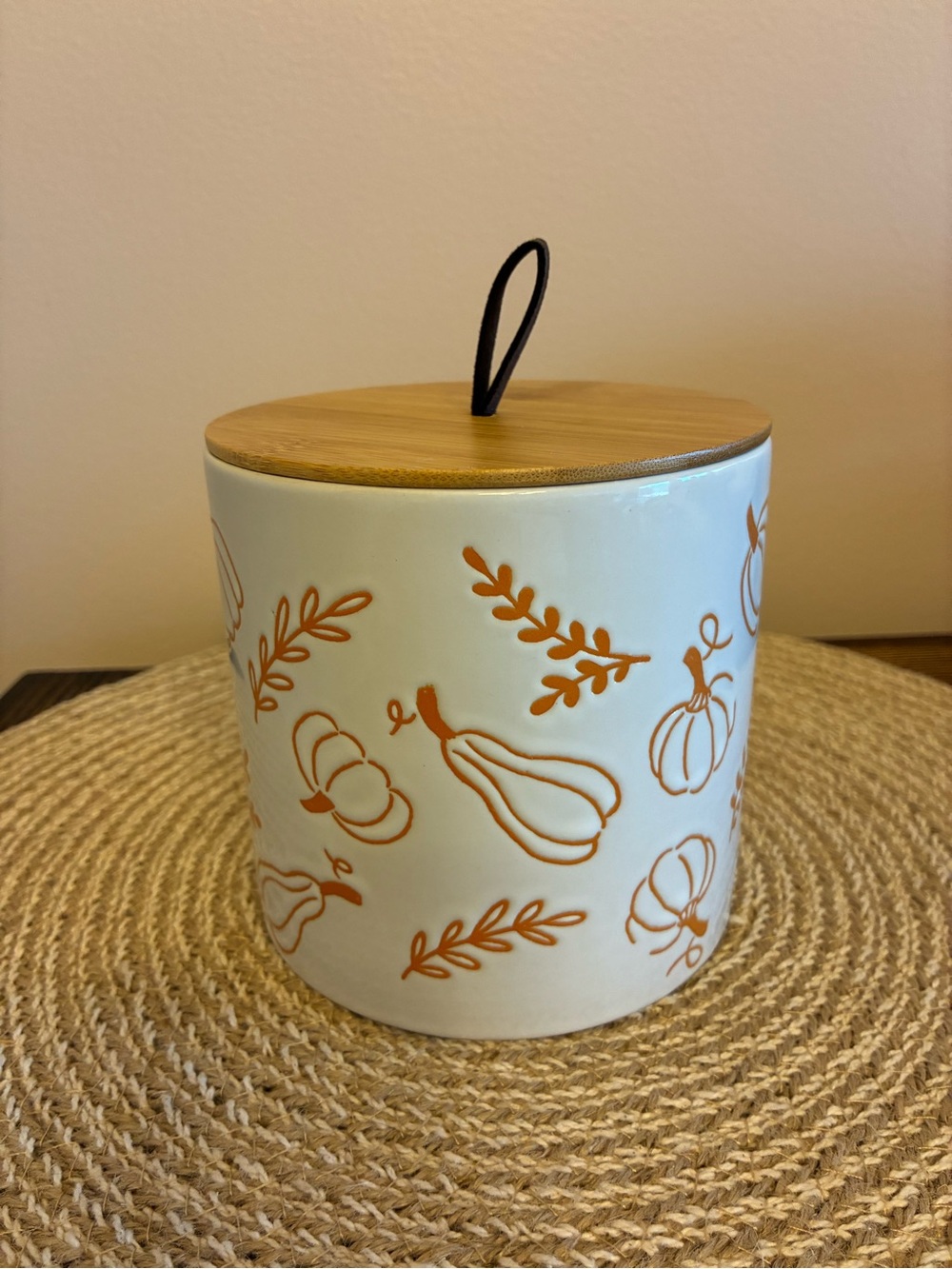 Hobby Lobby White Ceramic Canister with Orange Pumpkin Motif and Bamboo Lid